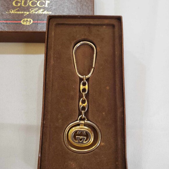 GUCCI Vintage Interlocking GG Logo Two Tone Bag Charm Key Ring Key Chain - Picture 1 of 16